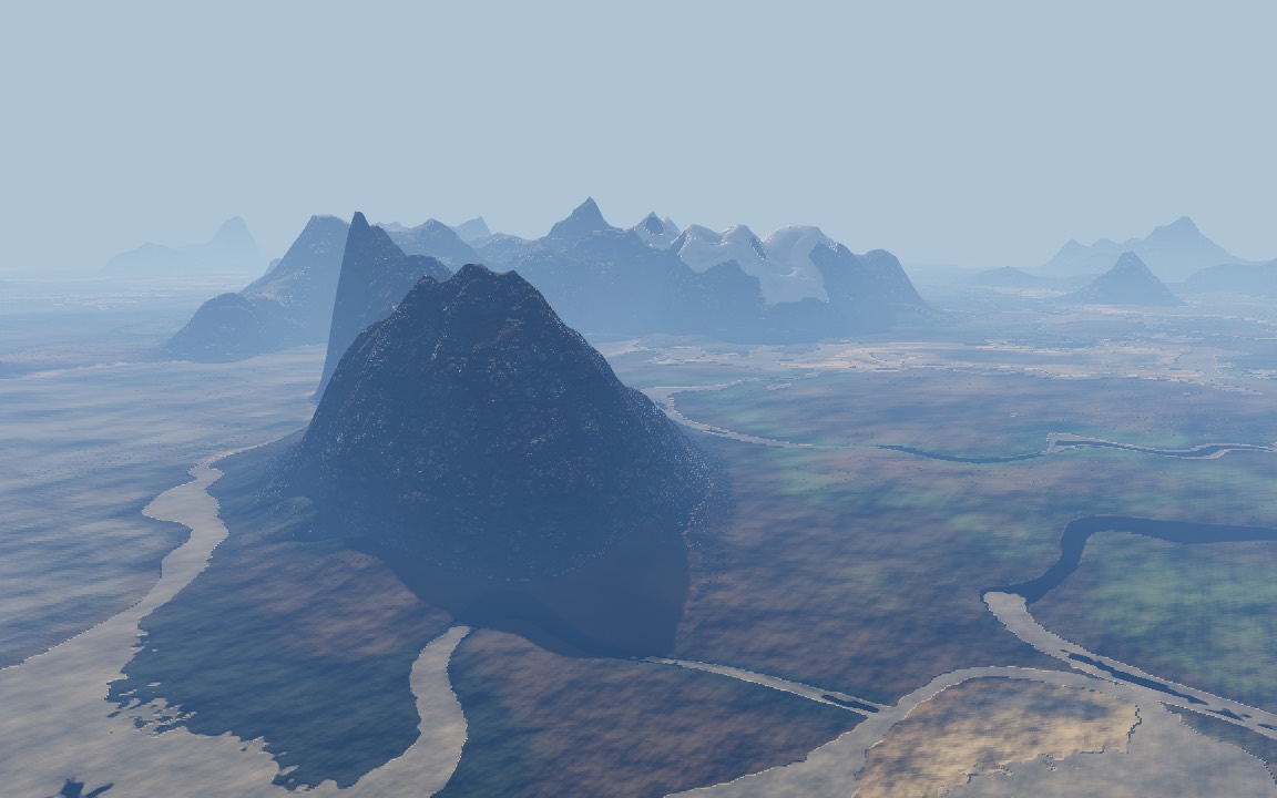 Procedural mountains and winding rivers from a height function, seen from the air