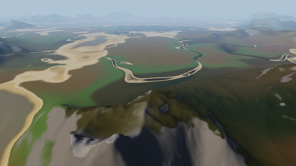 threejs-biomes: A braided river winding across a broad valley below a snow-streaked mountain