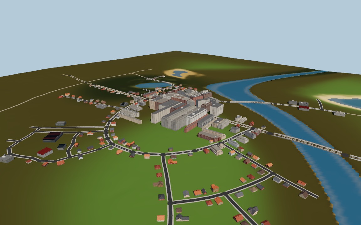 A town on a river plain, with roads leading out over two bridges