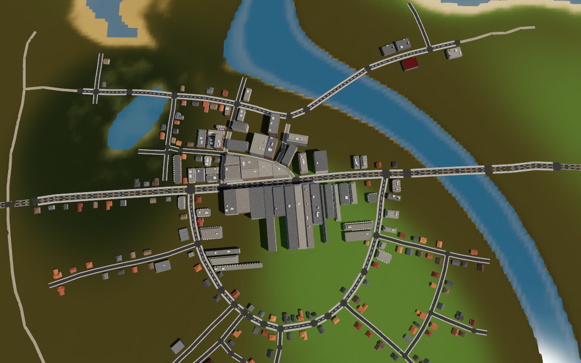 A radial town from above: a ring road, arterials and bridges over the river