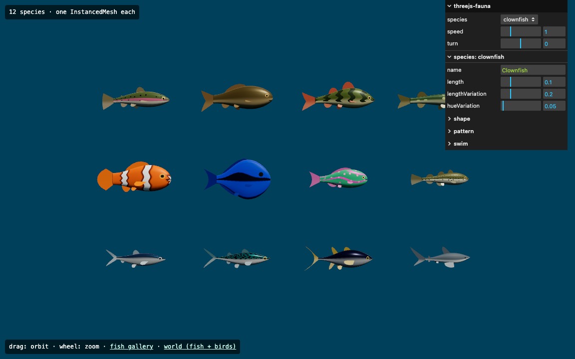 The gallery demo: all twelve species, with the live species editor open