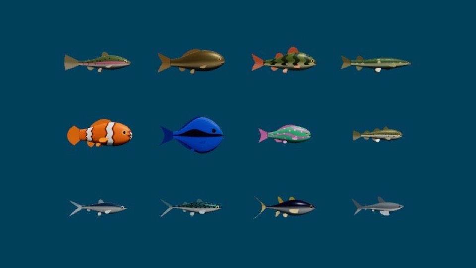 threejs-fauna: Twelve procedural fish species in rows on deep blue water
