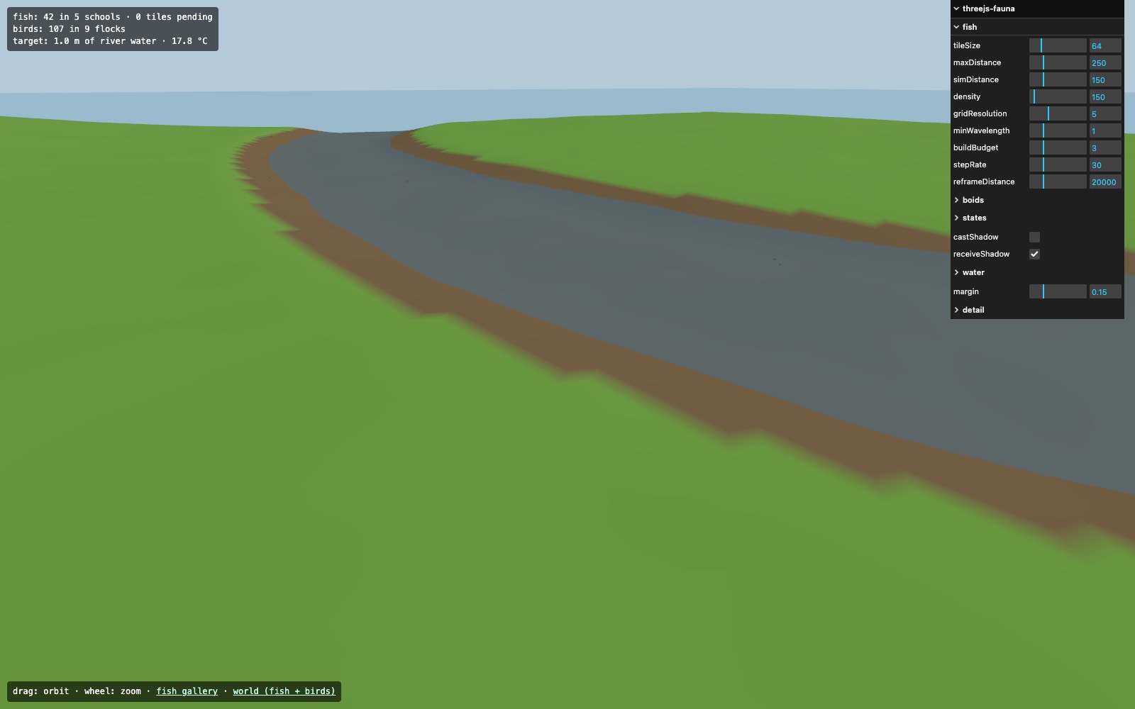 The world demo at a river mouth, with school and flock counts and its control panel