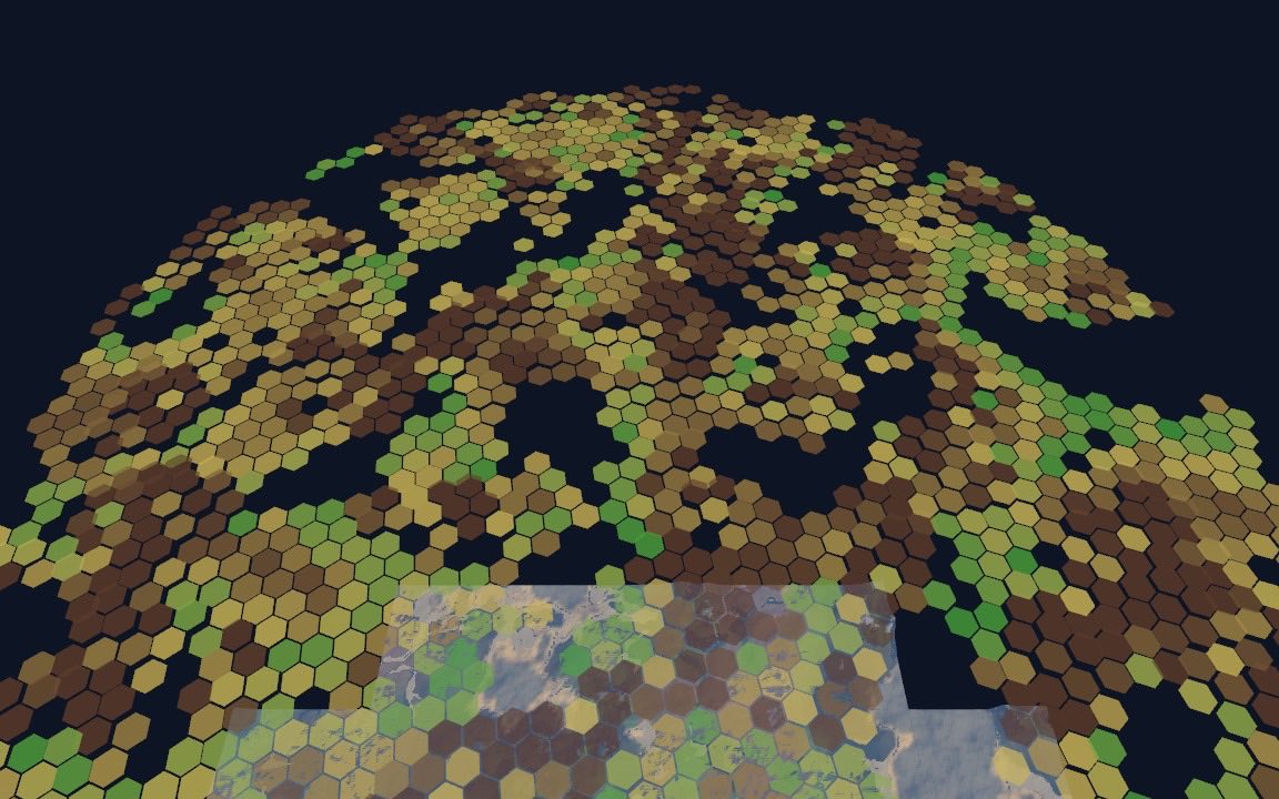 Habitability map in hexagons, bright along valleys and coasts