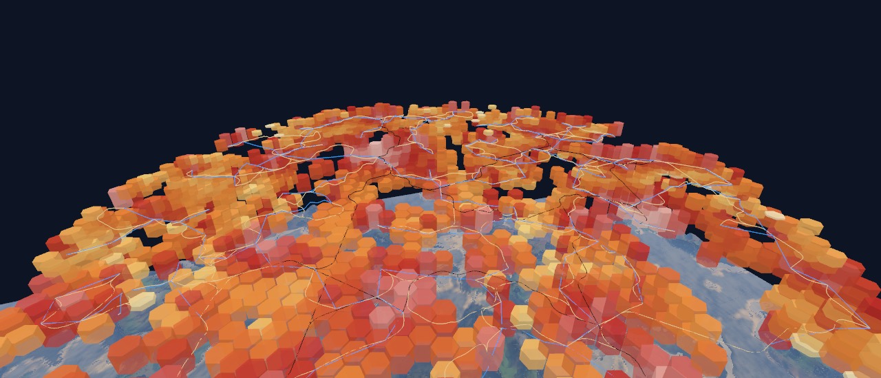 Extruded density prisms rising over cities