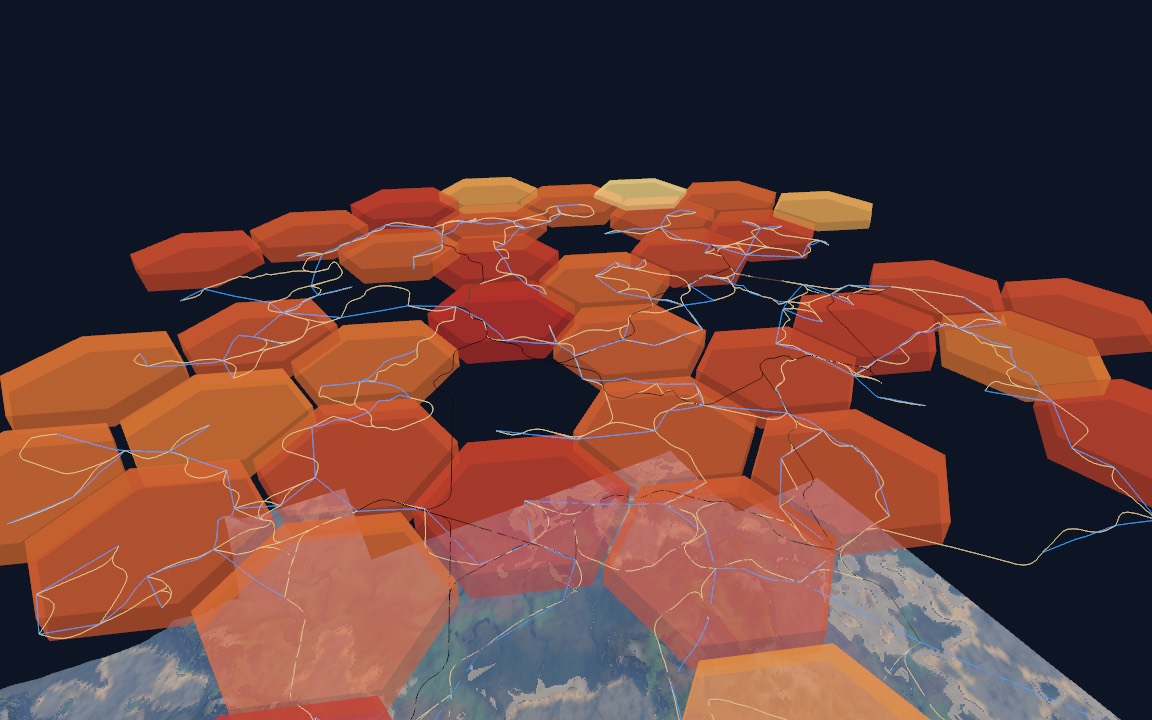 Coarse, tall hexagon prisms over the same region