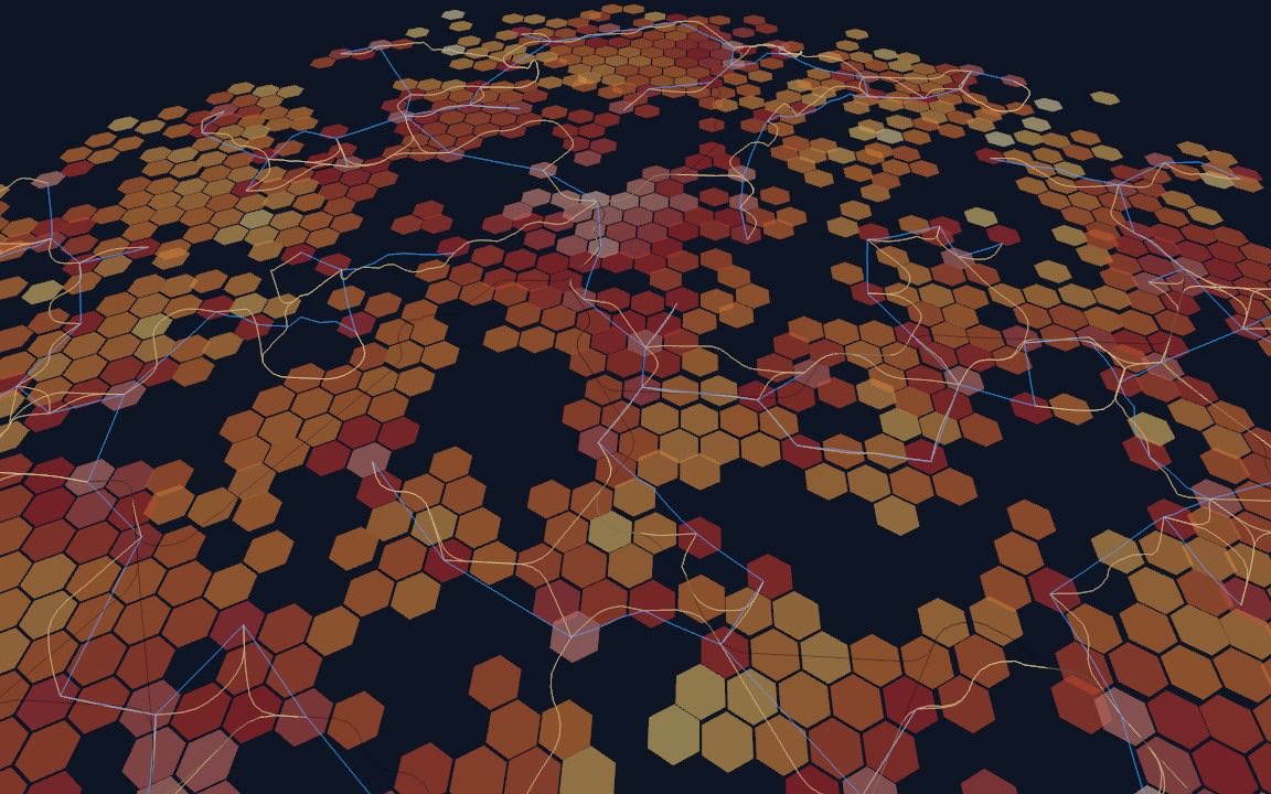 Roads winding between settlements and straight power-line spans over density hexagons