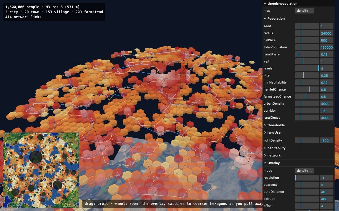 The settlement planner sandbox: extruded density hexagons, a minimap and every option in a panel