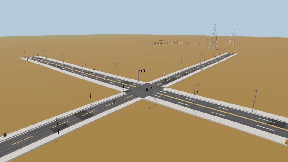 threejs-props: A crossroads with traffic lights and street lights on open ground, power pylons in the distance