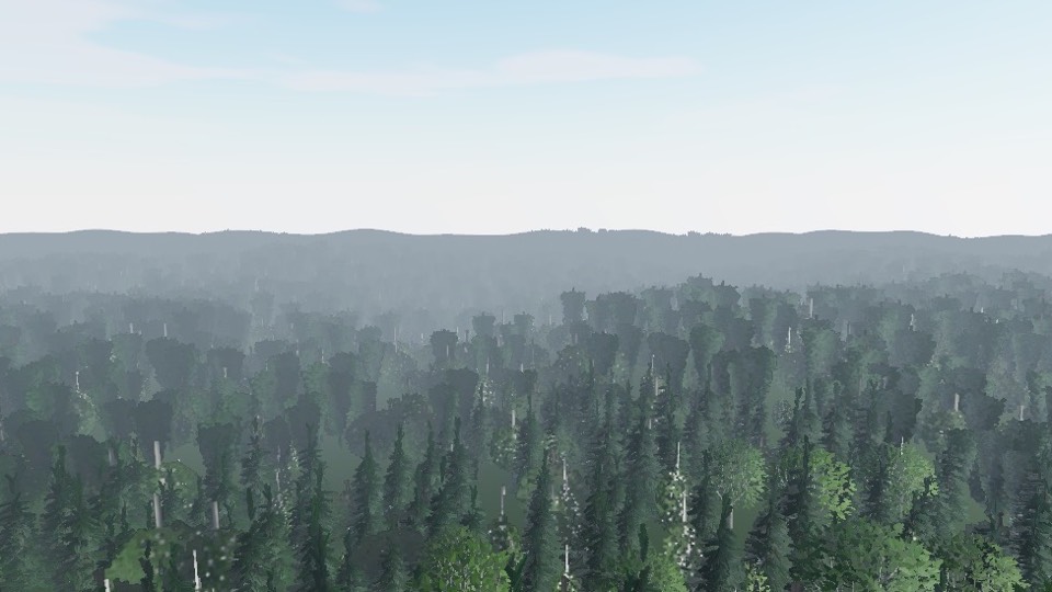 threejs-scatter: A mixed forest of conifers and broadleaf trees running to a hazy ridge