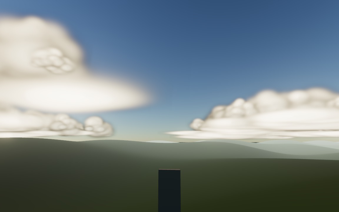 A deep blue afternoon sky fading to a pale horizon, with side-lit cumulus over green hills