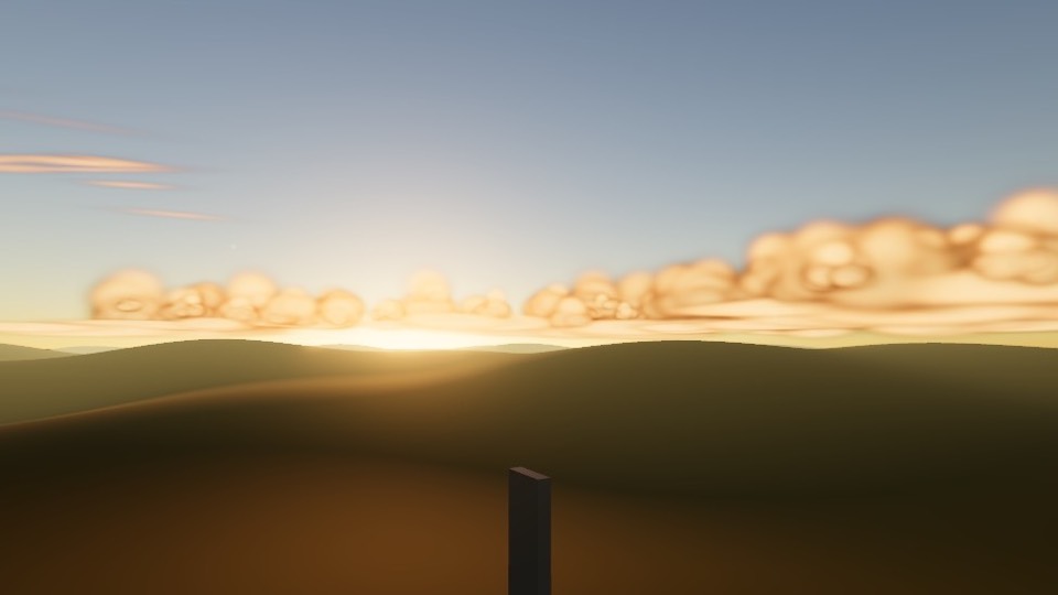threejs-sky: Golden cumulus clouds over rolling hills at sunset