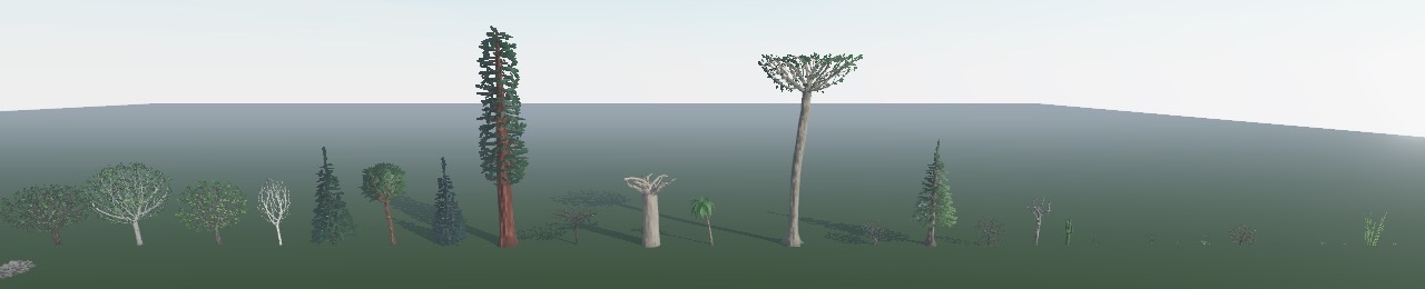 Every species preset side by side, from oak and redwood to ferns, reeds and lily pads