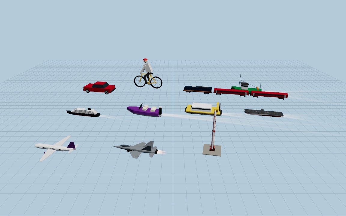 Every vehicle type side by side on a grid, each shown about 9 m long