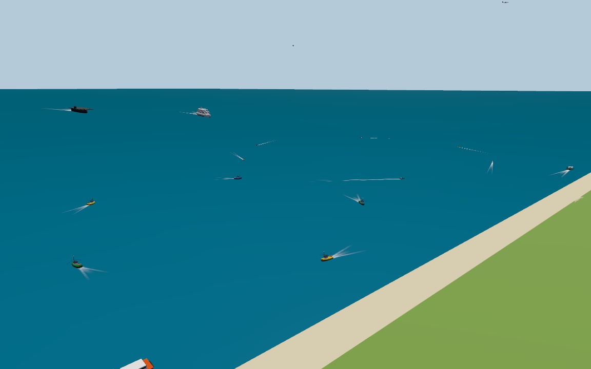 Fishing boats and speedboats circling off the shore