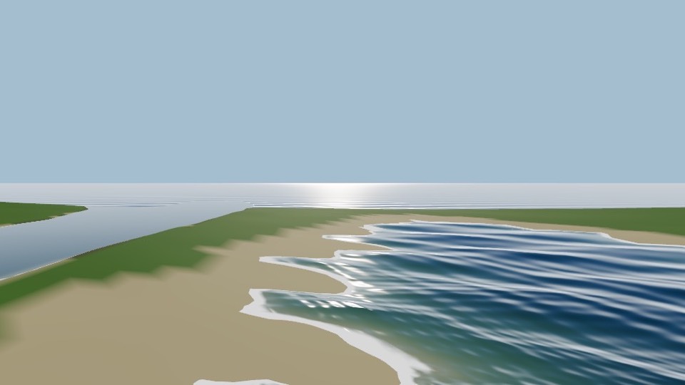 threejs-water: Waves breaking on a sandy beach beside a river mouth