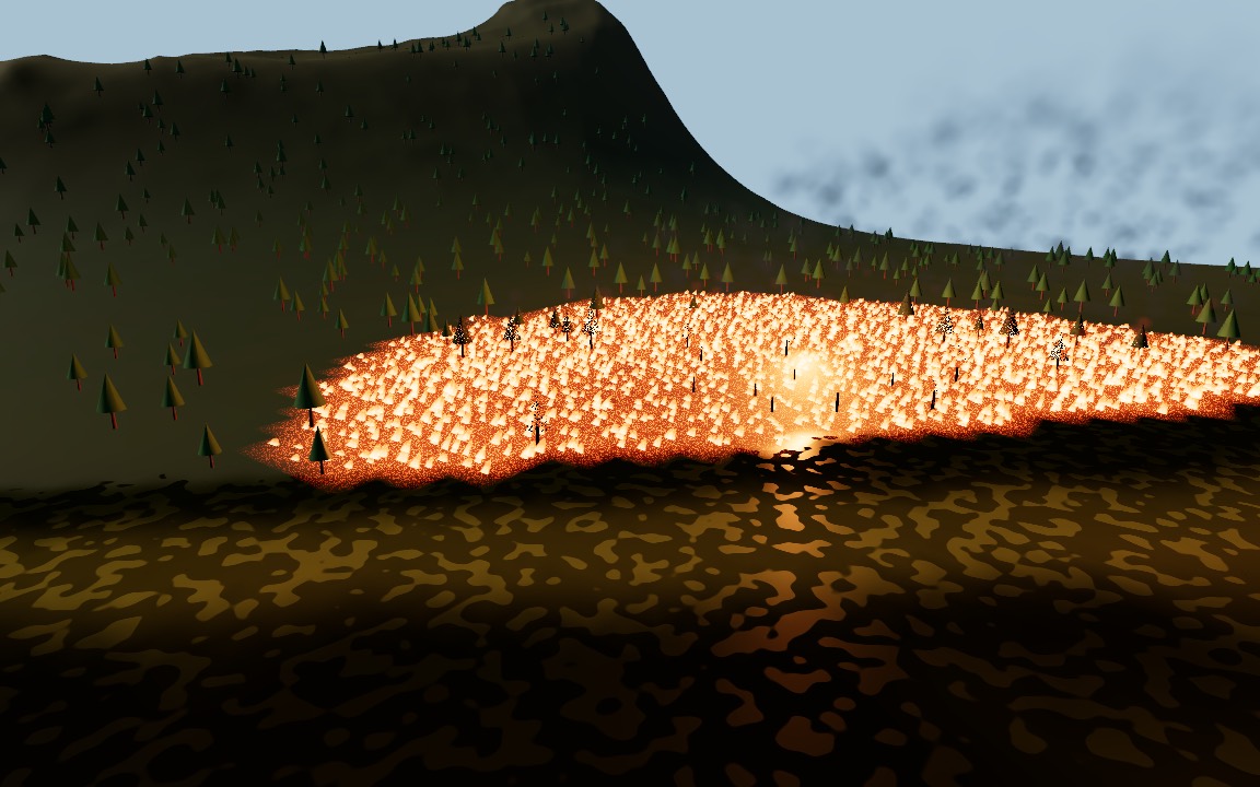 A fire front with flames and smoke spreading through a conifer forest