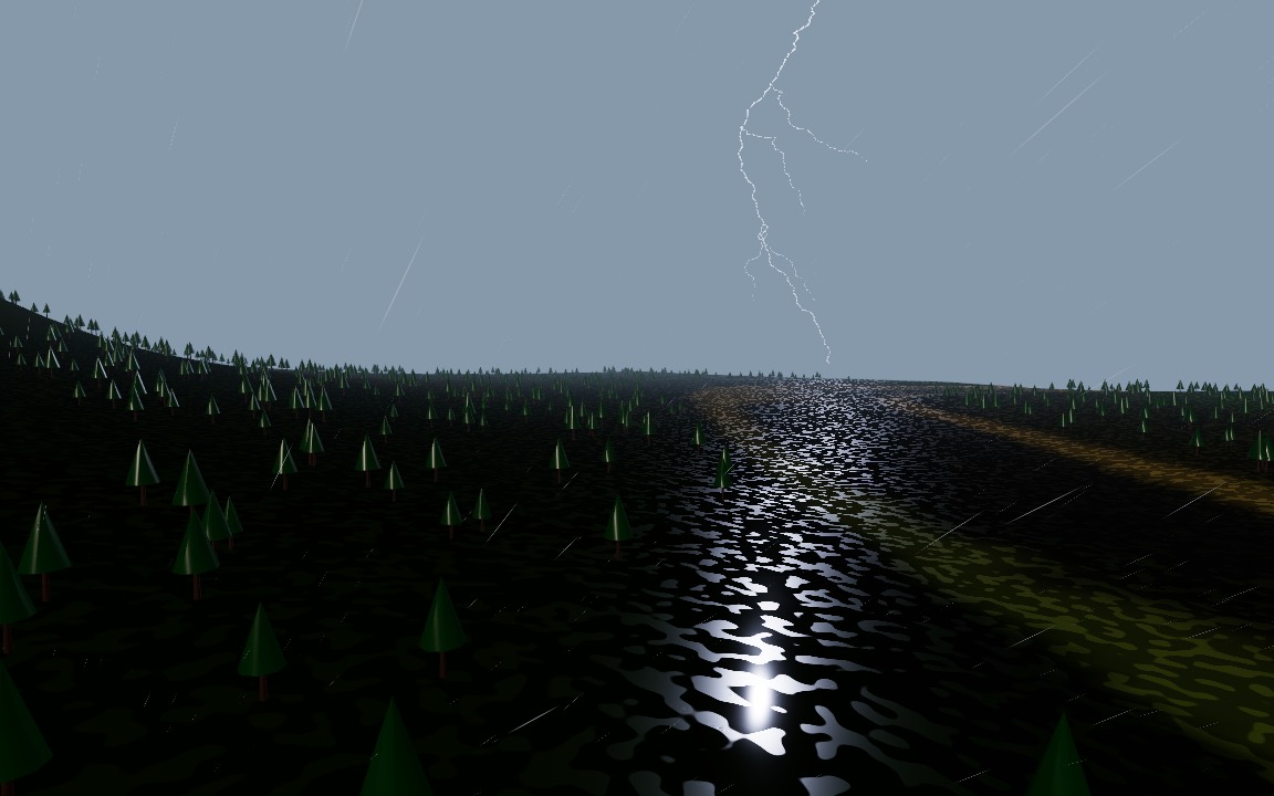 A branching lightning bolt over a wet valley in the rain
