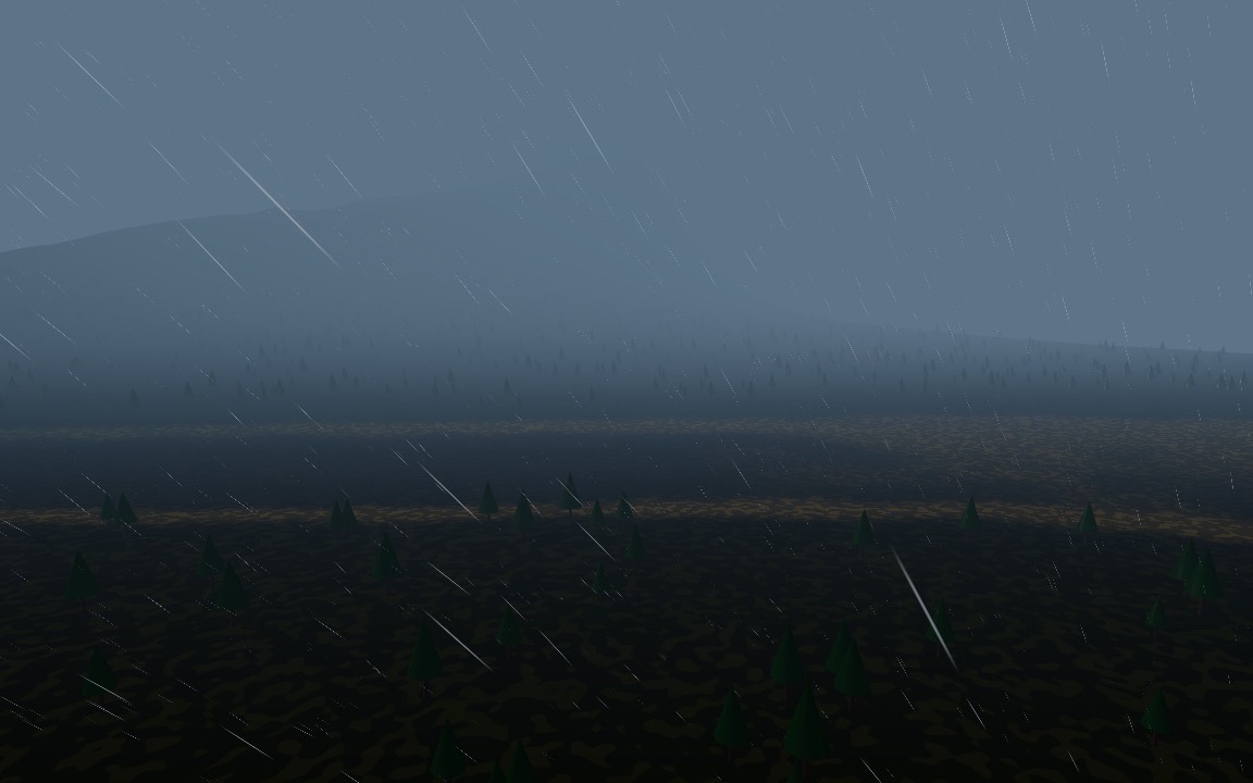 Rain slanting in the wind through fog over a forest