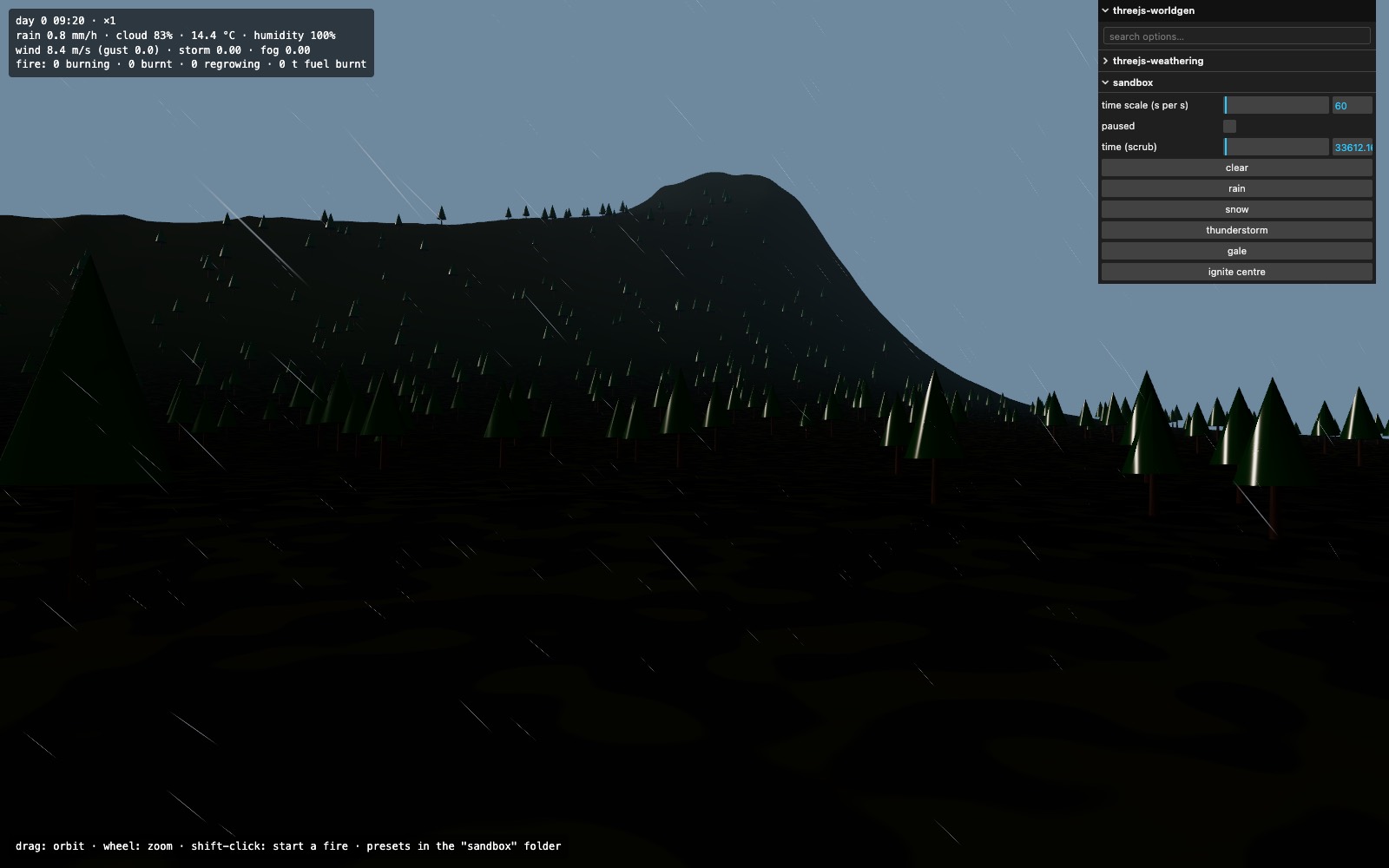 Rain over a forested hill, with the sampled weather in the demo HUD