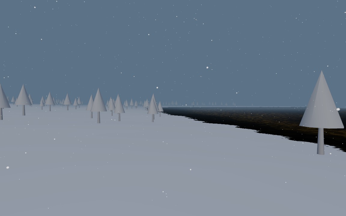 Snow falling on snow-covered trees and ground
