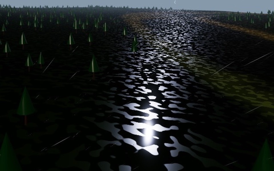 Wet ground with puddles shining under a lightning flash
