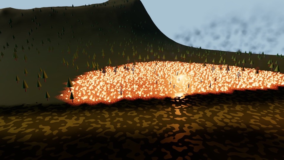 threejs-weathering: A wildfire spreading across a forested hillside, scorched ground in front